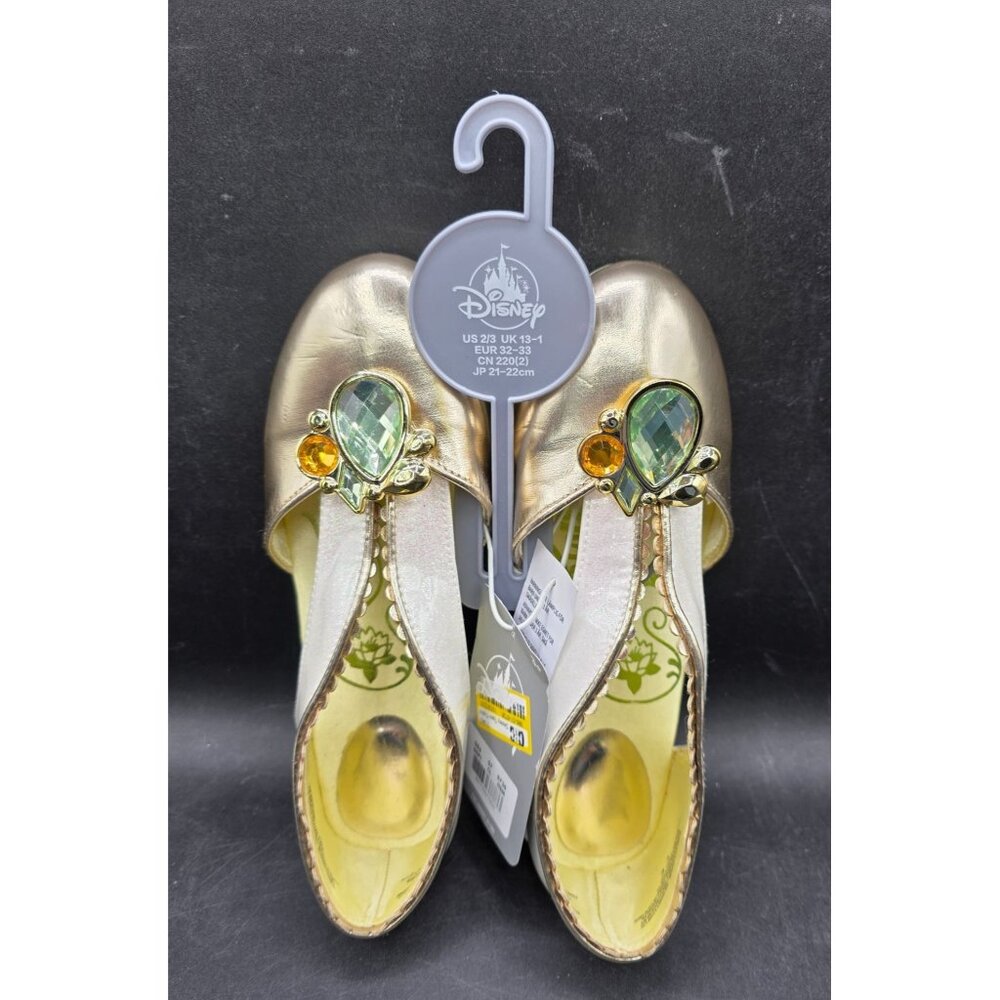 Disney Princess Tiana Girls Costume Shoes Gold Sparkle Size 2/3 Embellished Heel